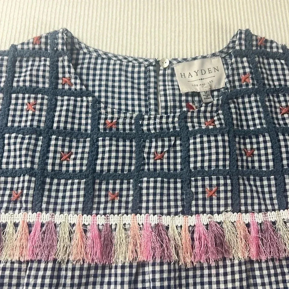 HAYDEN Los Angeles NWT Mini Dress Size MEDIUM Tassel Embroidered Gingham Pockets - Picture 3 of 13